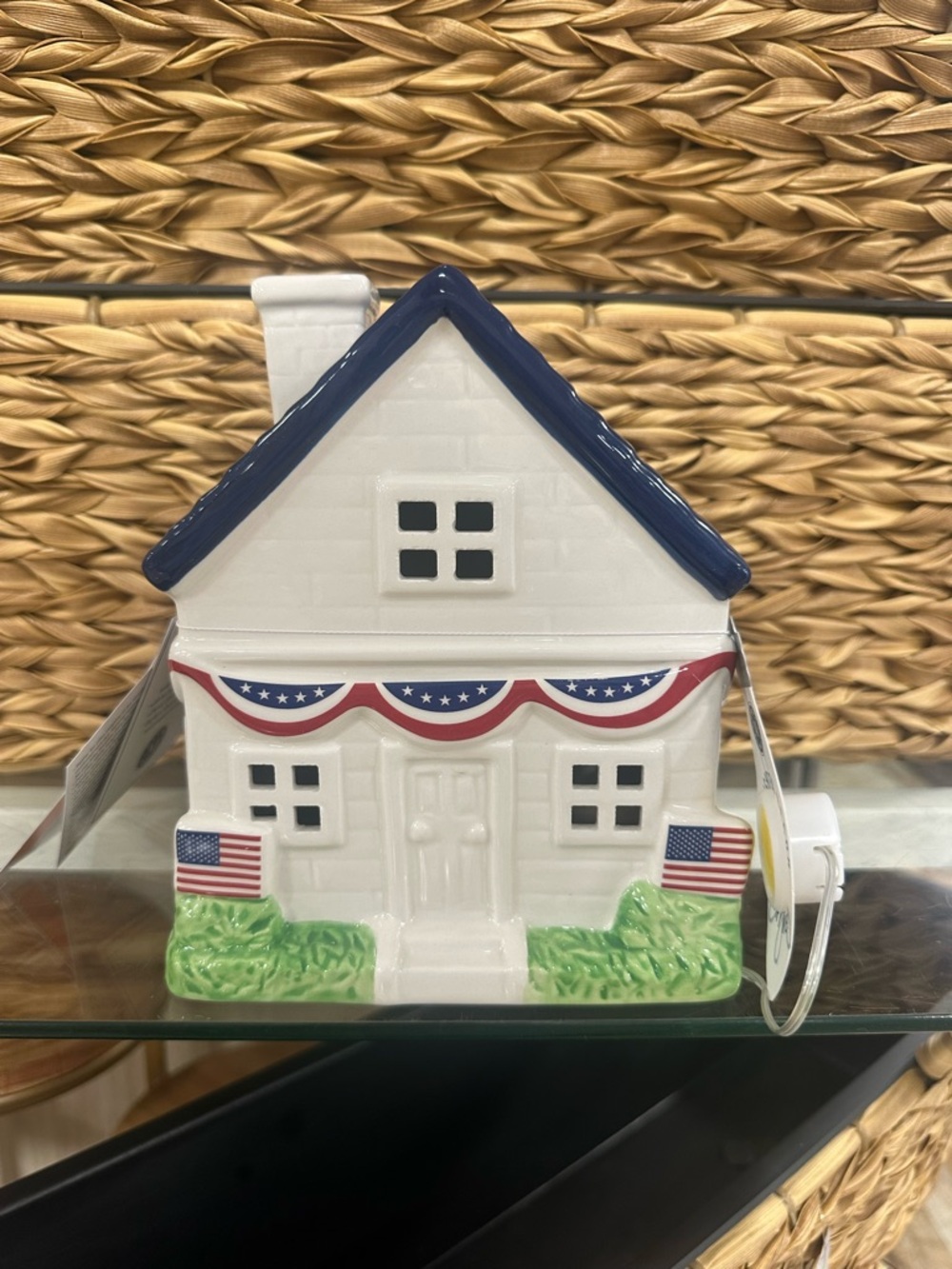 Martha Stewart White Patriotic Ceramic House with Blue Roof and Red Accents